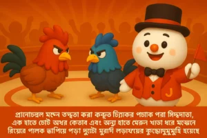 একটি ককফাইটিং রিংয়ে দাঁড়িয়ে রয়েছে দুটি লড়াকু মোরগ এবং এক উপস্থাপক ক্যাসিনো JTA ম্যাসকট ছোট পতাকা হাতে।