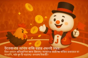 ক্যাসিনো JTA ম্যাসকট মাঠের পাশে দাঁড়িয়ে হাতে কয়েন ছড়িয়ে দিচ্ছে, পেছনে দর্শকদের উল্লাস।