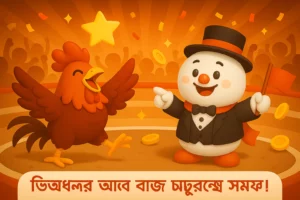 জয়ী মোরগ উল্লাস করছে, ক্যাসিনো JTA ম্যাসকট তার পাশে দাঁড়িয়ে বিজয় উদযাপন করছে।