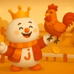ক্যাসিনো JTA ম্যাসকট খুশিমনে এক হাতে মোরগ আর অন্য হাতে সোনার কয়েন ধরে আছে, পাশে খামার।
