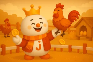 ক্যাসিনো JTA ম্যাসকট খুশিমনে এক হাতে মোরগ আর অন্য হাতে সোনার কয়েন ধরে আছে, পাশে খামার।