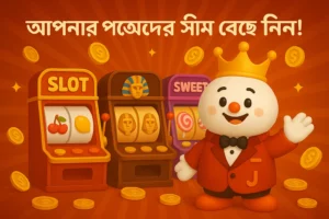 ক্যাসিনো JTA ম্যাসকট তিনটি ভিন্ন থিমের স্লট মেশিনের পাশে দাঁড়িয়ে।