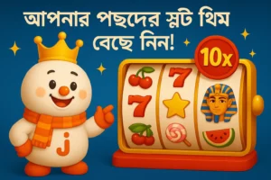 একটি স্লট চাকা x10-এ থেমেছে, পাশে ক্যাসিনো JTA ম্যাসকট আনন্দে লাফাচ্ছে।