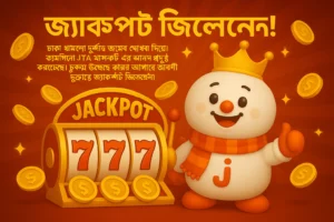 একটি জ্যাকপট মেশিনে ৭৭৭ এসেছে, ক্যাসিনো JTA ম্যাসকট খুশিতে দাঁড়িয়ে আছে।