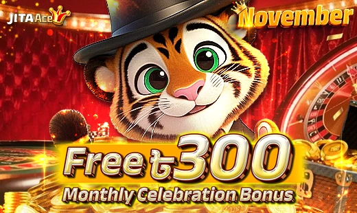 Cartoon tiger in casino with hat promoting Free 300 November bonus